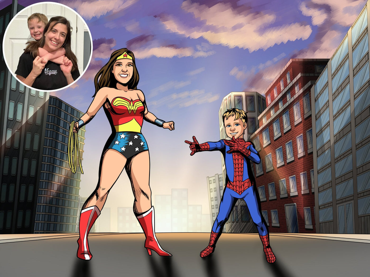 🎨 Customized Captain America Caricature with Wonder Woman from a Photo -  the Perfect Personalized Gift
